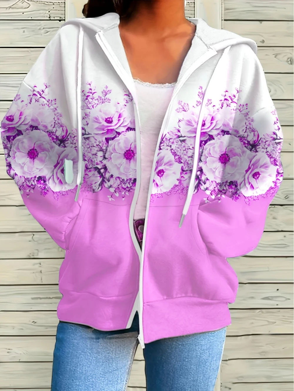 المرأة عارضة الأزهار طباعة هوديي أعلى أنيقة الخزامى كم طويل مع جيوب المرأة سترة مريحة زائد حجم الرمز البريدي هوديي #4