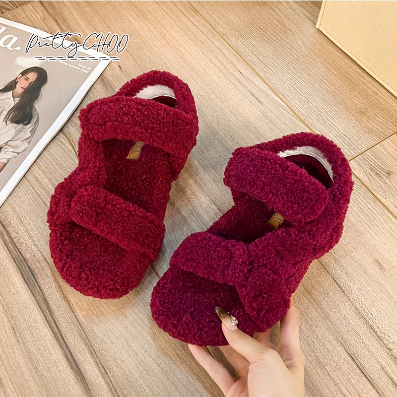 

Deep Red Lambswool Sandals Woman Winter Warm Plush Sandalias Ladies Brand Design Thick Sole Teddy Fur Outdoor Slipper Shoes