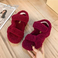 Sandali in lana d'agnello rosso intenso donna inverno caldo peluche Sandalias Ladies Brand Design suola spessa Teddy Fur Outdoor Slipper Shoes