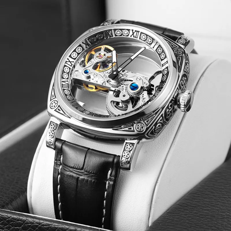 FORSINING 403D Automatic Men's Golden Silver Watch Mechanical Skeleton carved Wristwatch Transparent Case Luxury Man Watches