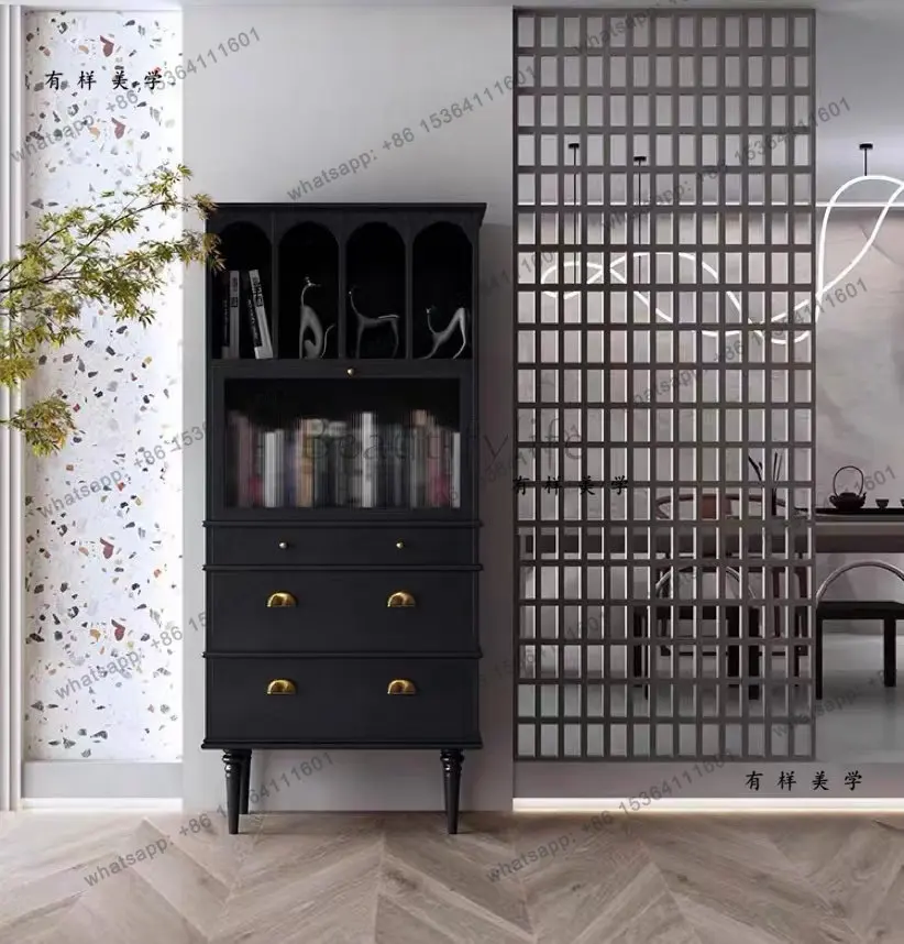 

American retro solid wood black multi-functional locker European simple living room dining side cabinet