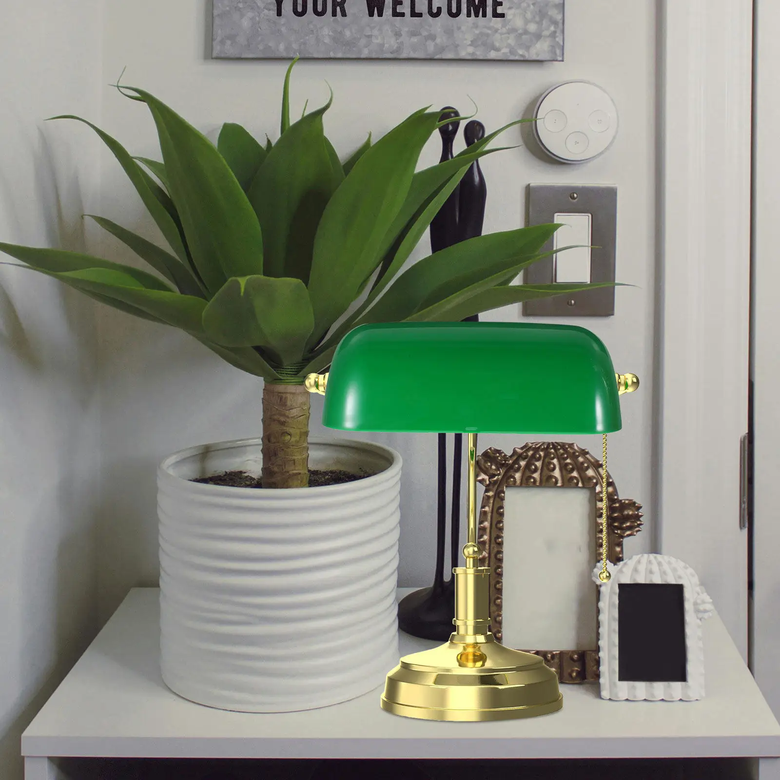 Bankers Lamp Shade Retro Green Plastic Replacement for Desk Nightstand Vintage Style Anti-Glare Light Fixture Barrel Lamp Shades