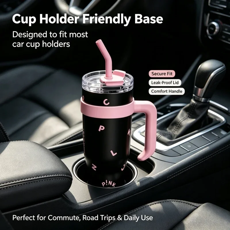 40oz Large Capacity 304 Stainless Steel Car Tumbler With Handle Straw Lid Letter Print Insulated Hot Cold Travel Coffee Mug