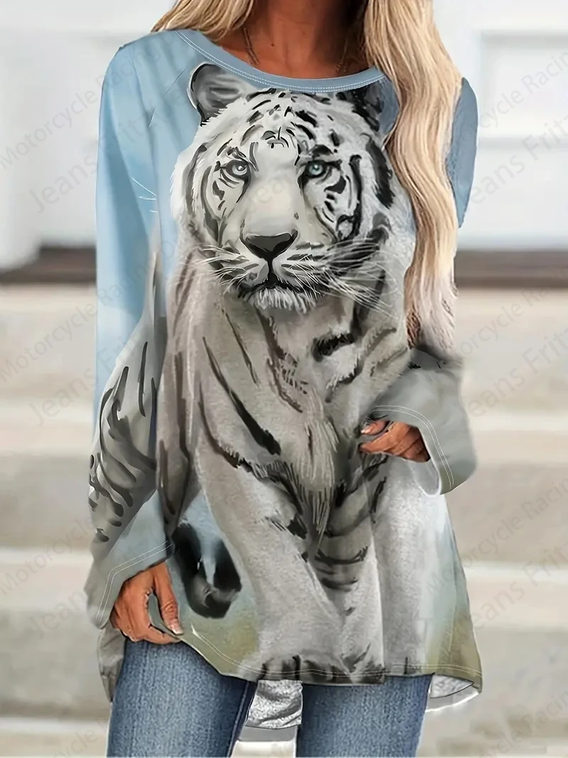 Animal Tiger 3d Print Long Sleeve T-shirt Women Fashion Crewneck Loose Tunic Tops Women Fall Clothing Femme Tops Y2k Style