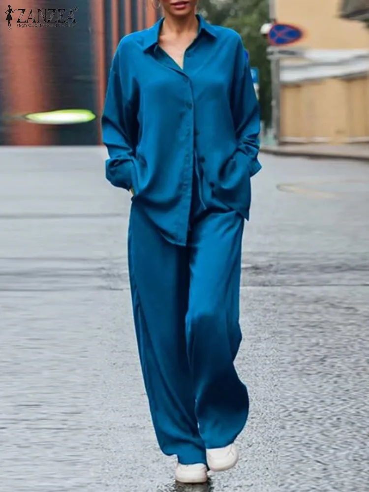 ZANZEA 2024 Summer Wide Leg Trouser Suit 2PCS Satin Solid Pant Sets Women Long Sleeve Top Pleated Outfits Casual Silk Tracksuit7