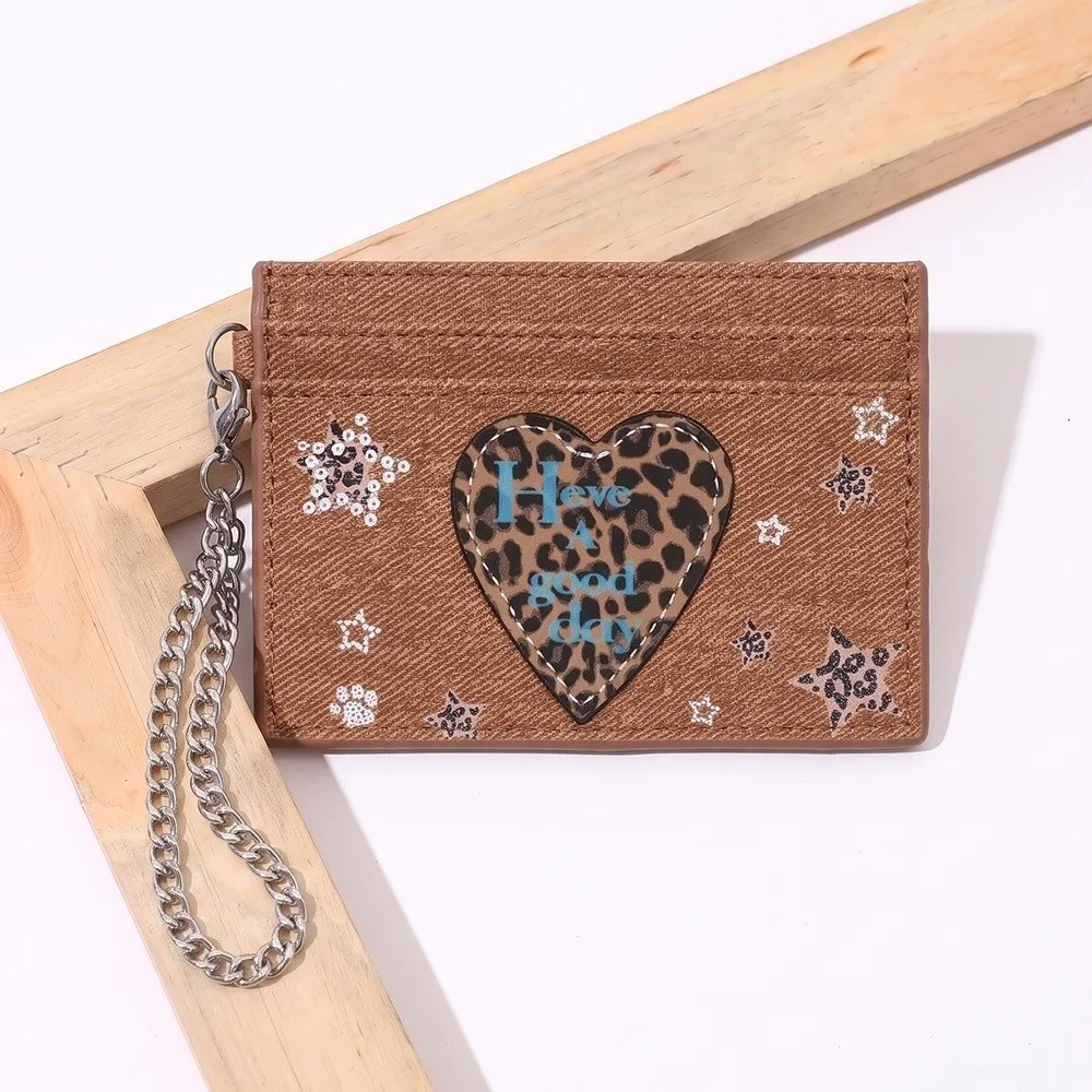 New Leopard Heart Card Holder with Chain Strap Star Print Card Case Multifunctional Card Bags Gifts