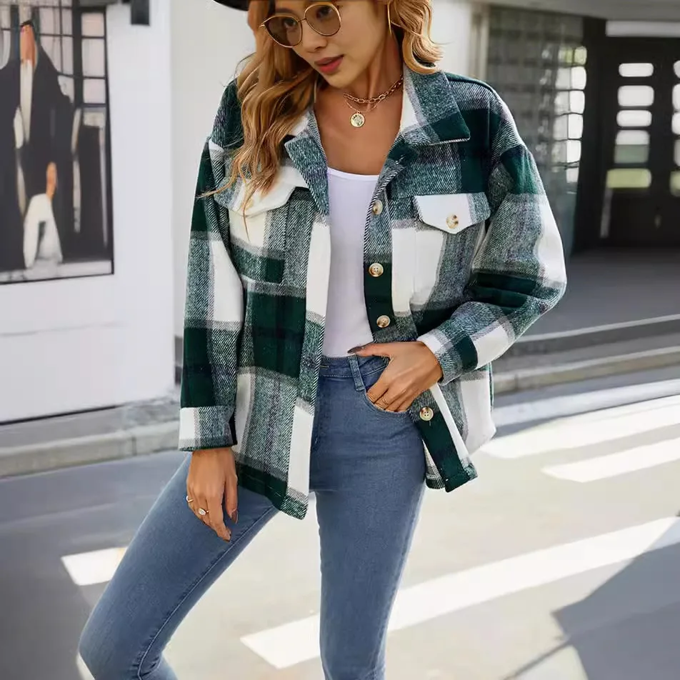 Independent Filming Of 2024 Women\'s Autumn And Winter New Plaid Jacket Casual Loose Pocket Woolen Shirt Jacket