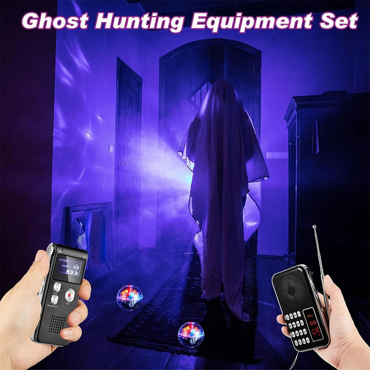 A79G 4종 장비 키트 FM 라디오, 8GB 디지털 음성 녹음기, 스캔용 LED 조명 2개, 고양이 공 배터리 포함