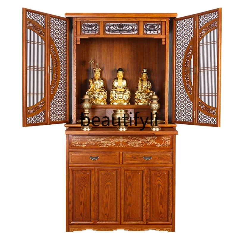 

Poplar solid wood shrine household modern Buddhist platform with door Guanyin God of Wealth offering table