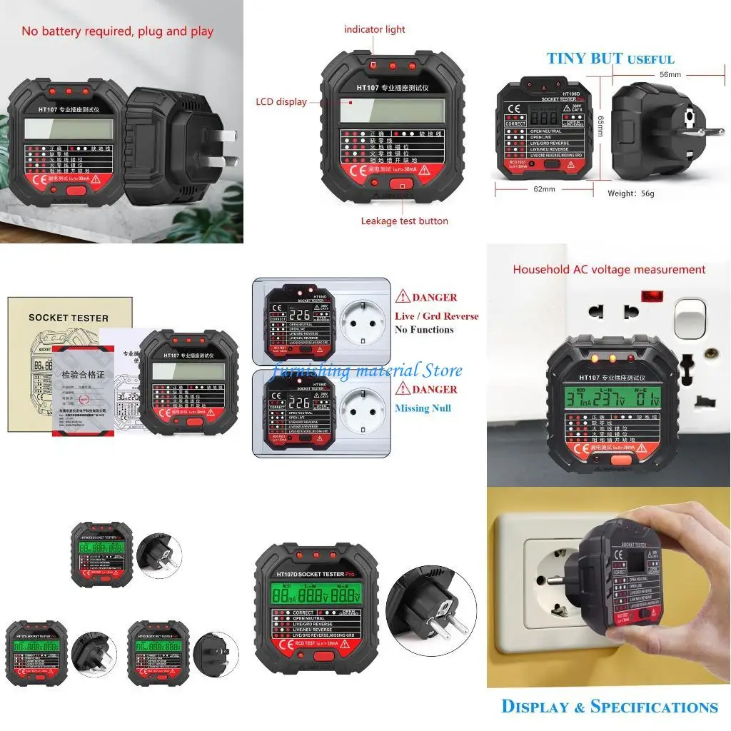 

Y5GD Digital Display Outlet Tester Receptacle Tester 90-250V Electrical Outlet Tester