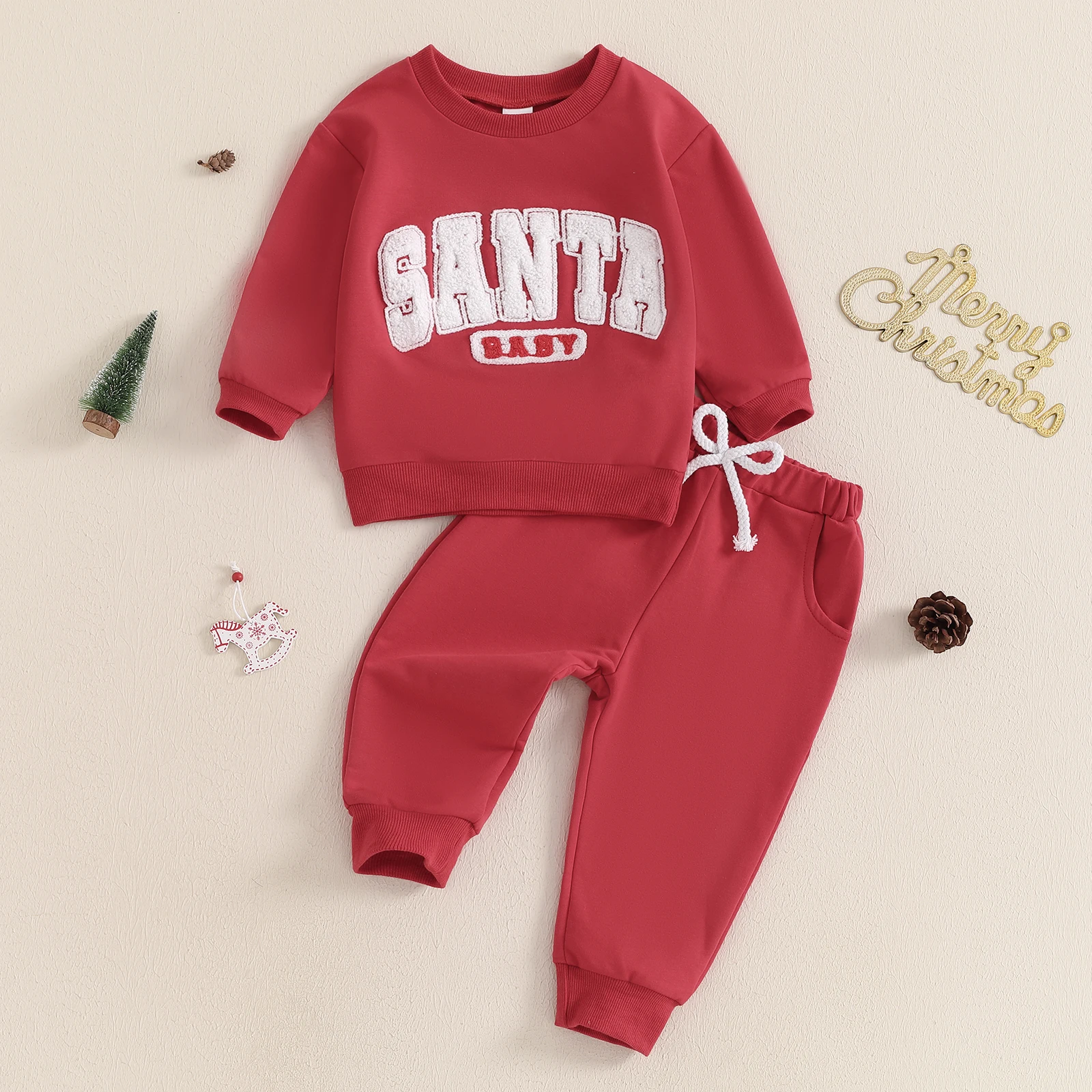 BeQeuewll Baby Girls Boys Clothes for Christmas Winter Toddler Infant Outfits Letter Embroidery Long Sleeve Sweatshirt Pants Set