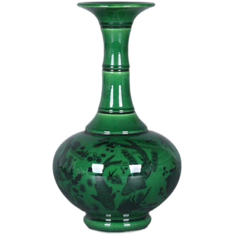 Jingdezhen Antique Vase Qianlong Qing Dynasty Jadeite Glaze Split Fish Algae Pattern Vase Antique Porcelain Ornaments