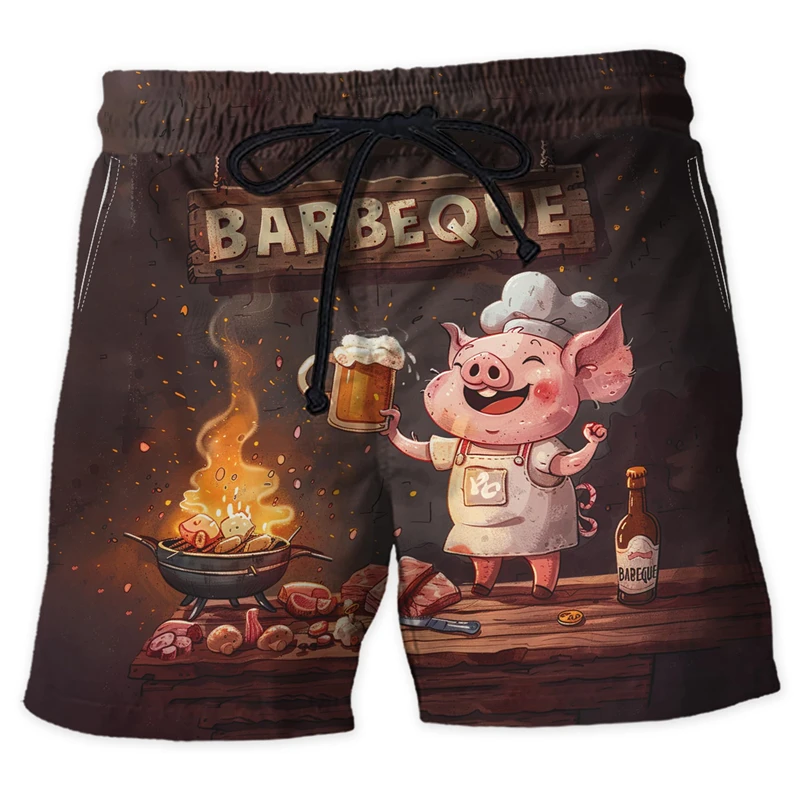 Funny Meat Grill Party 3D Print Short Pants For Men Clothes BBQ Food Beach Shorts Hawaiian Vacation Boardshorts Barbeque Trunks