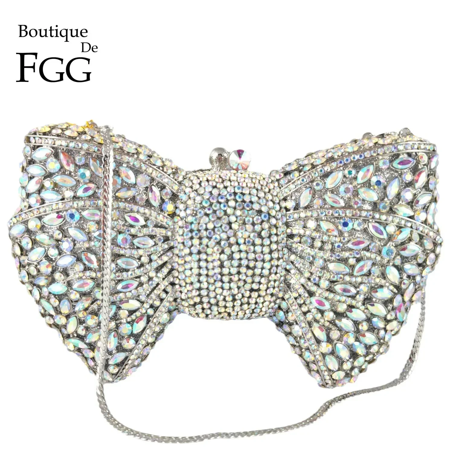 Boutique De FGG Silver AB Women Bow Clutch Evening Purses and Handbags Bridal Wedding Party Crystal Minaudiere Bags