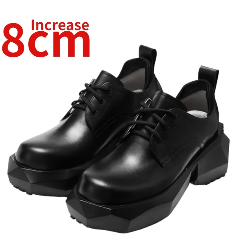 Derby Shoes for Women's Genuine Leather Height Increasing Shoes Fashion Diamond Shaped Platform Design Retro Casual Leather Shoe