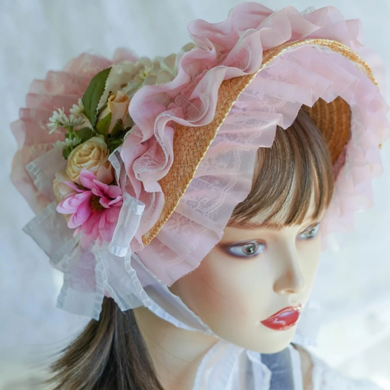 Floral Straw Hat Lolit Straw Hat Teas Party SunHat Lace Fascinators For Women Victorian Headdress Victorian Bonnet