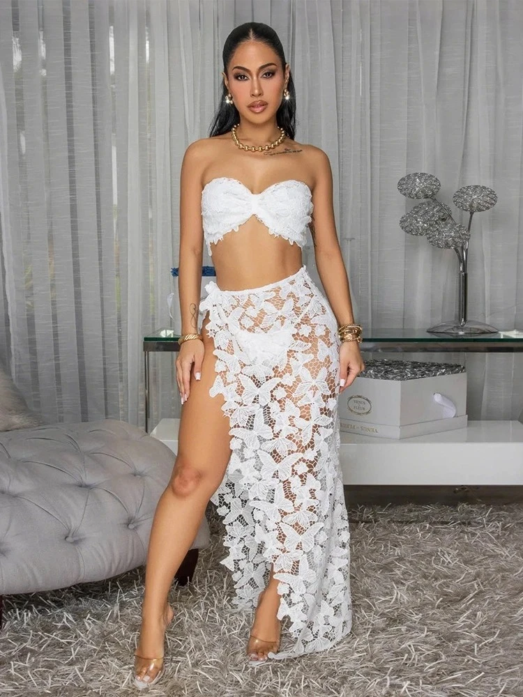 

BWQ женские сексуальные кружевные комплекты бикини 2025 летние каникулы пляжный отдых купальники бюстгальтер + нижнее белье + юбки комплекты из 3 предметов наряды