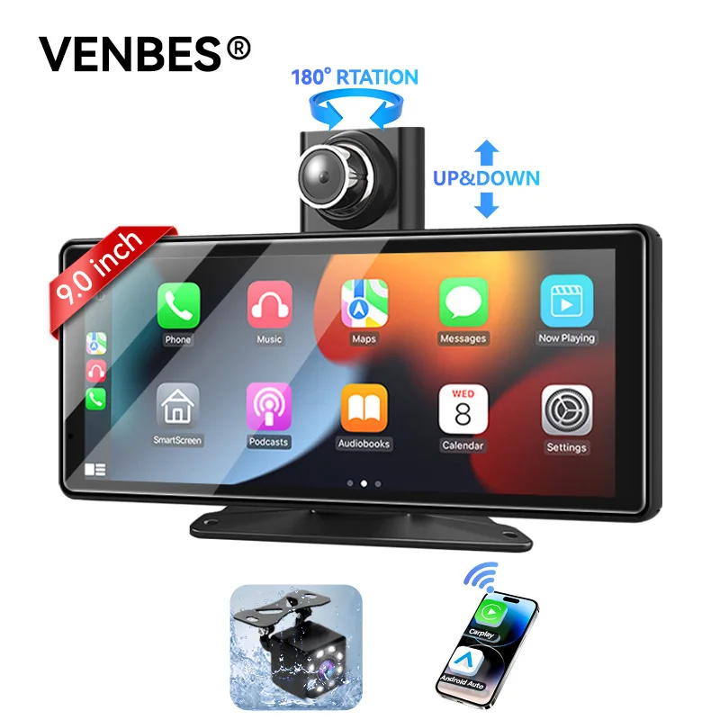 

VENBES 9-дюймовый автомобильный радиоприемник, беспроводной Carplay, Android Auto, встроенная видеорегистратор, портативный GPS-навигатор, IPS, водонепроницаемый зубной крем