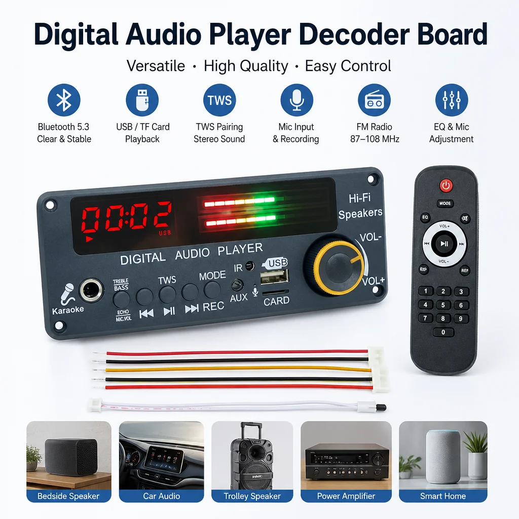 DC 12V Bluetooth 5.3 MP3 Decoder Board Car Audio Decoding Module Lossless APE FLAC with USB TF FM Radio Remote for DIY Speaker