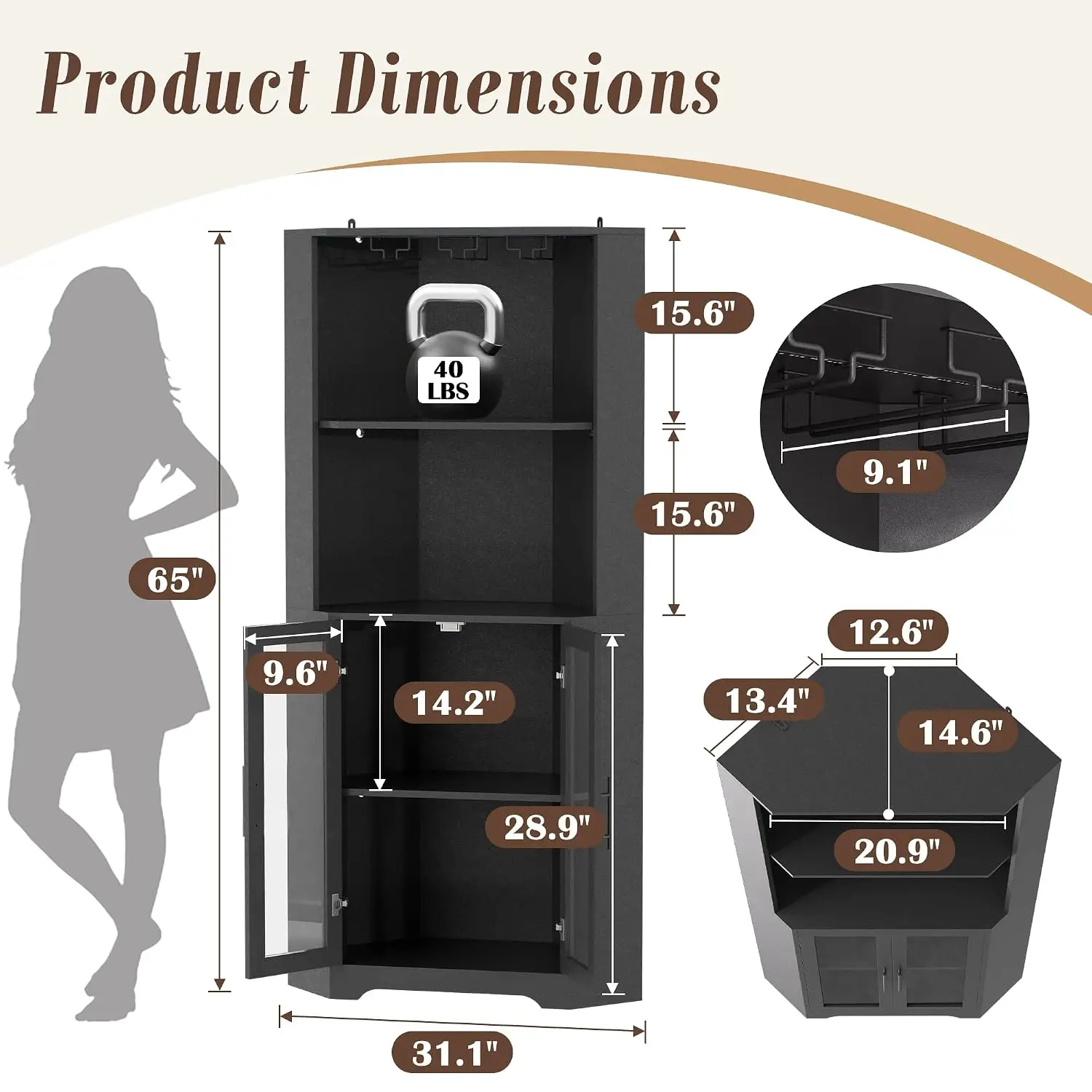 Corner Wine Cabinet with LED Lights, 4-Tier Bar Cabinet with Glass Rack & Adjustable Shelves for Living Room Kitchen, Customized