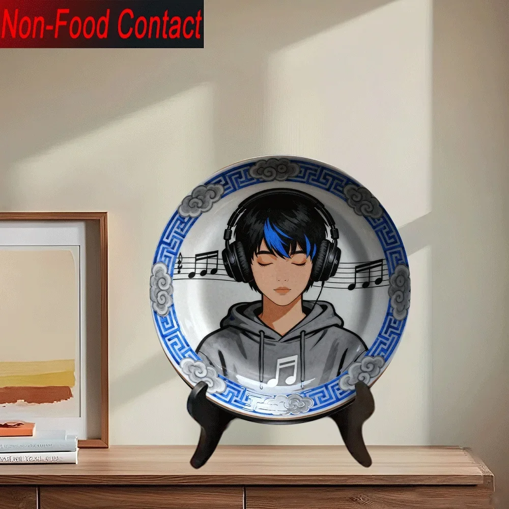 2D Flat, 1pc Ceramic Decorative Plate - Non-Food Contact Safe, Music Note & Headphones Design, Elegant Round Tabletop Decor for