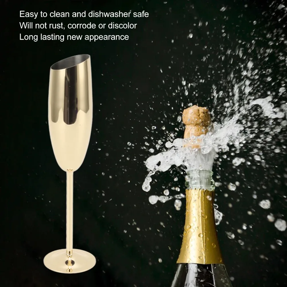 Unbreakable 304 Stainless Steel Metal Goblet Gold Plated Bevel Mouth Long Stem Cup Rust Proof Gold Champagne Glass Home