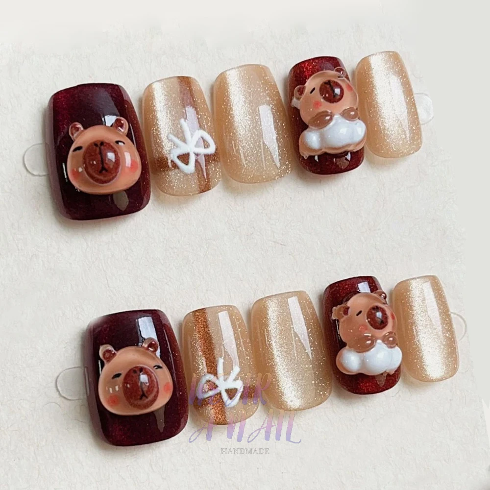 10pcs Handmade Sweet y2k Press on Nails Cat Eye Cute Design Short Kapibala Decor Fake Nail Wearable Full Cover False Nail Tips