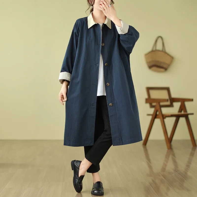 Spring Autumn Korea Fashion Women  Patchwork Turn-down Collar Single Breasted Long Coat All-matched Casual Cotton Trench P306