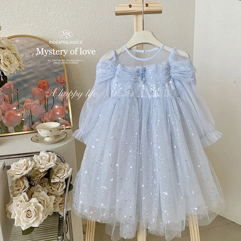 Baby Girls Dress Fashion 2025 Spring Summer New Sweet Glitter Cloak Mesh Dress Childrens Princess Dress