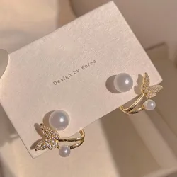 New Style Small Back Hanging High Class Butterfly Imitation Pearl Earrings Exquisite Beautiful Versatile Earrings Wedding Gift