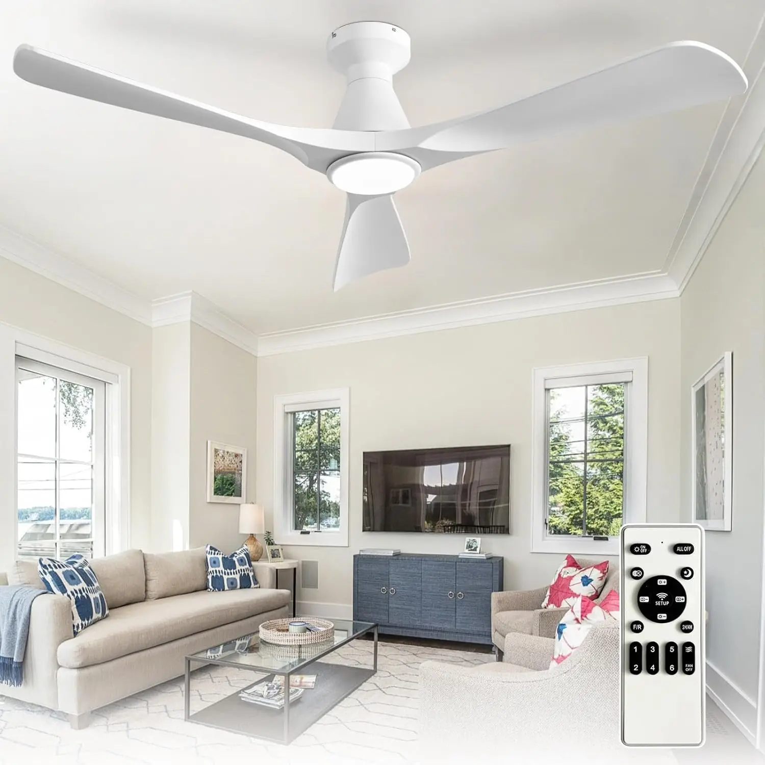 

52-Inch Low Profile Ceiling Fan with Light, White 3-Blade Flush Mount, Dimmable Indoor/Outdoor Ceiling Fan with Remote Control, Ultra Quiet DC Motor and Timer for Bedroom