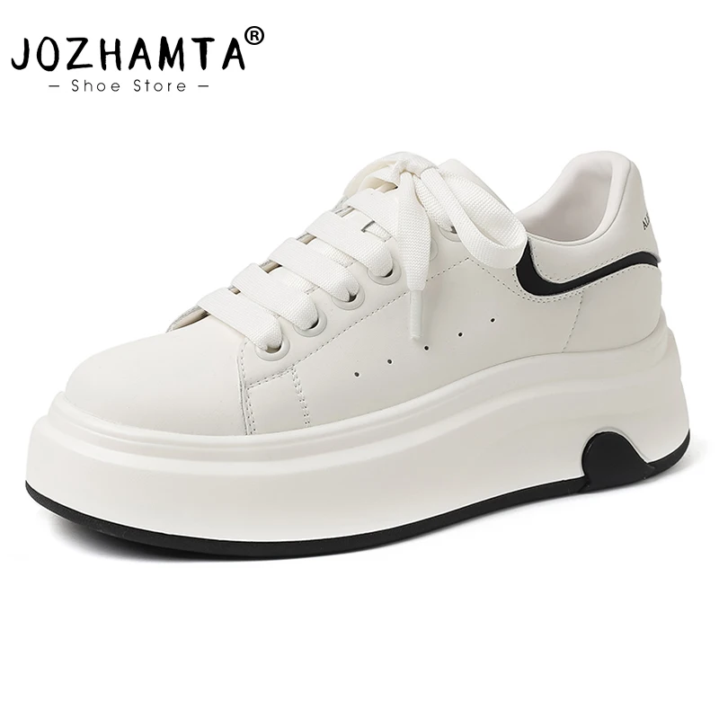 JOZHAMTA Size 34-40 Women Casual Platform Sneakers Real Leather Lace-Up Thick Heels Shoes Breath Round Toe Tennis Daily Dress