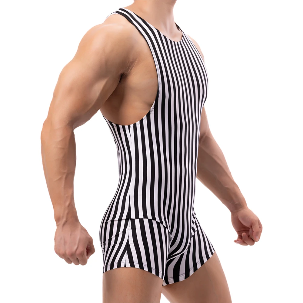 Mens Striped Bodysuits Undershirts Boxers Underwear Sleeveless Fitness Wrestling Singlet Slip Jumpsuits Leotard Seamless Rompers