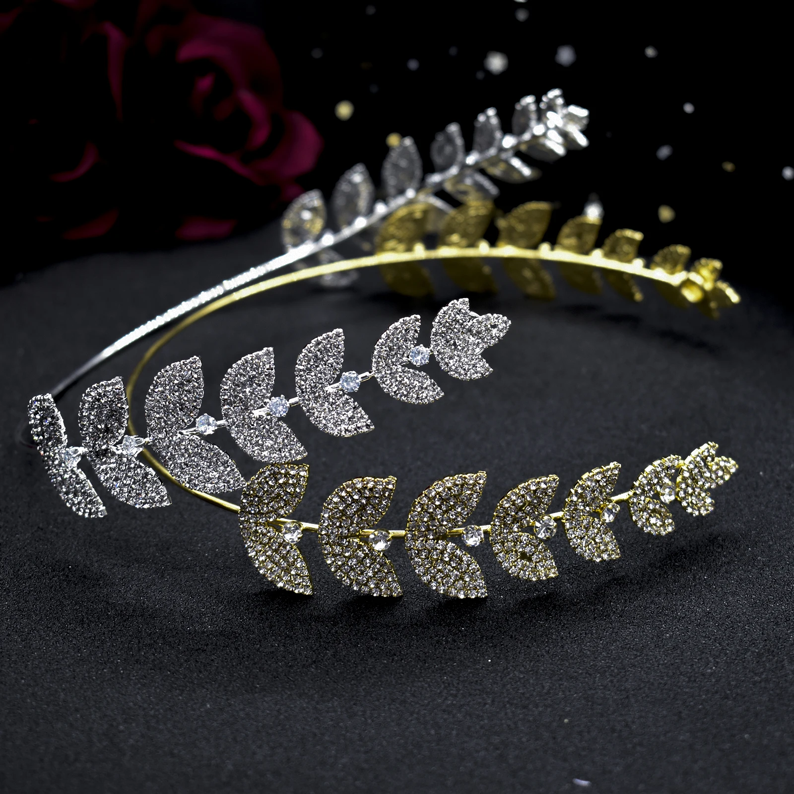 A475 Trendy  Silver Gold Hair Hoop Bling Rhinestone Leaves Wedding Headband Bride Crystal  Hairband Women Crown Girl Headwear