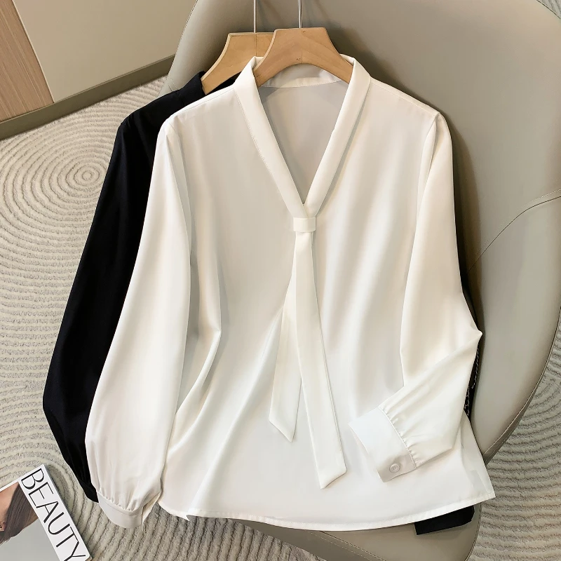 

Женские блузки больших размеров, свободная рабочая рубашка с длинным рукавом и v-образным вырезом для женщин, модные универсальные осенние топы с бантом, модные деловые рубашки