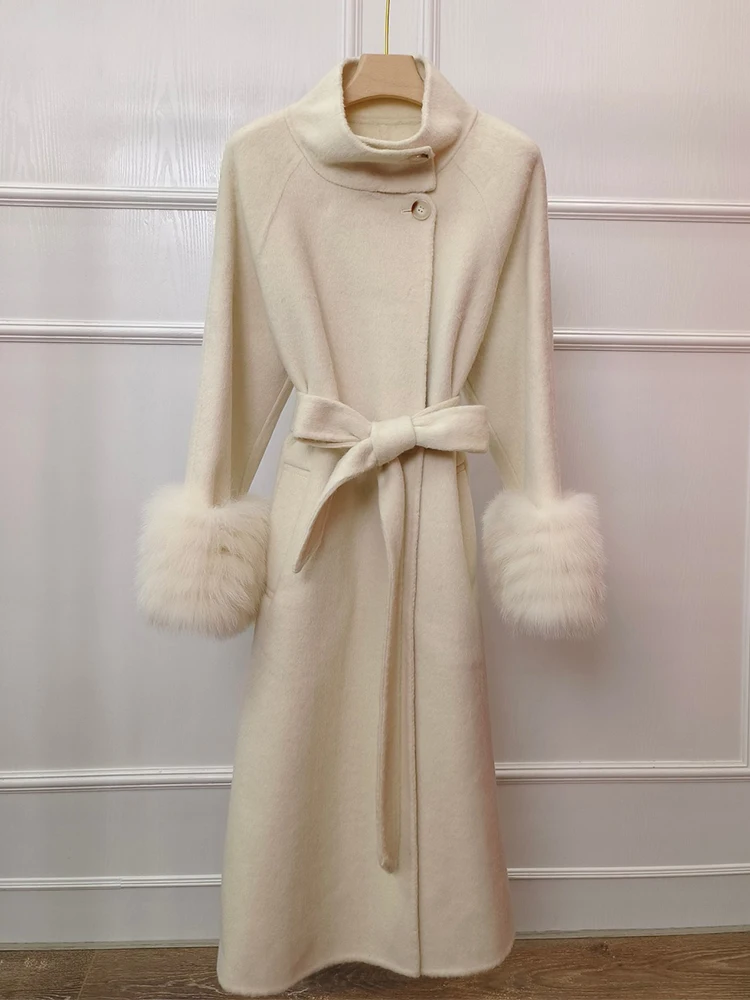 2024 Women Autumn Natural Real Fox Fur Long Woolen Jacket Coat Female Slim Woolen Coat