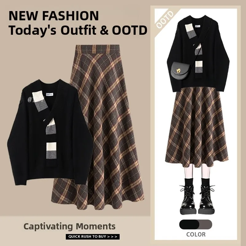 Herfst Winter Dames Zoet Ontwerp V-hals Gebreide Trui Geruite Rok Tweedelige Set Hoge Taille Midi Rok Trendy Sle