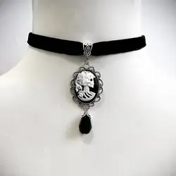 Gothic Black Velvet Choker Dead Girl Skull Cameo Vampire  with Glass Crystal Drop Jewellery