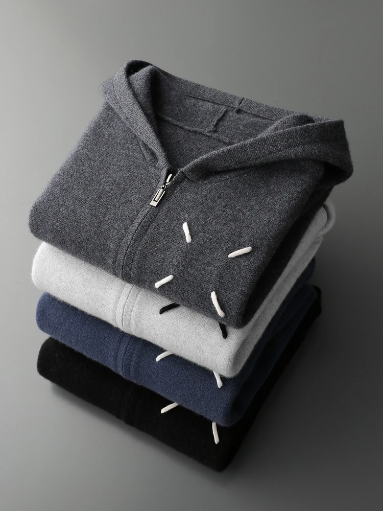 Chic Autumn Winter High Quality Men's Clothing Zipper Knitted Coat 100% Cashmere Sweater Thick Warm Hooded Cardigan Popular Tops