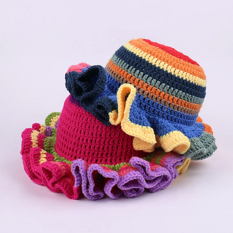 

New Personalized Dopamine Color Striped Ruffle Edge Knitted Bucket Hat Women's Autumn and Winter Hand-crocheted Domed Beanie Cap