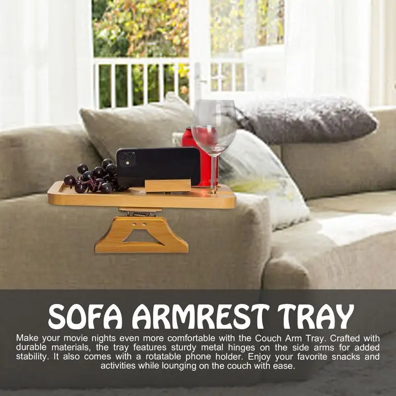 Sofa Armrest Tray Natural Bamboo Clip-On Tray  Waterproof Sofa Foldable Arm Rest Tray Organizer With Rotatable Phone Holder