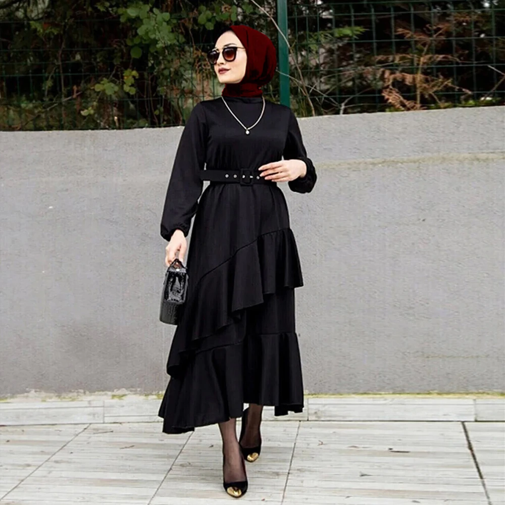 2024 Long Sleeves Women's Abayas High Quality Slim Fit Dresses with Belt Islamic Ladies Casual Clothing Gifts Wholesale RIMAIRE