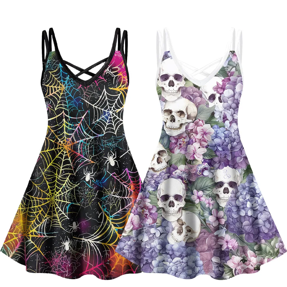 Women's Cami Dress Gothic 3D Printed Crisscross Mini Dresses Piranha Plant, Colorful Spider Web,Skulls Graphic Casual Vestidos