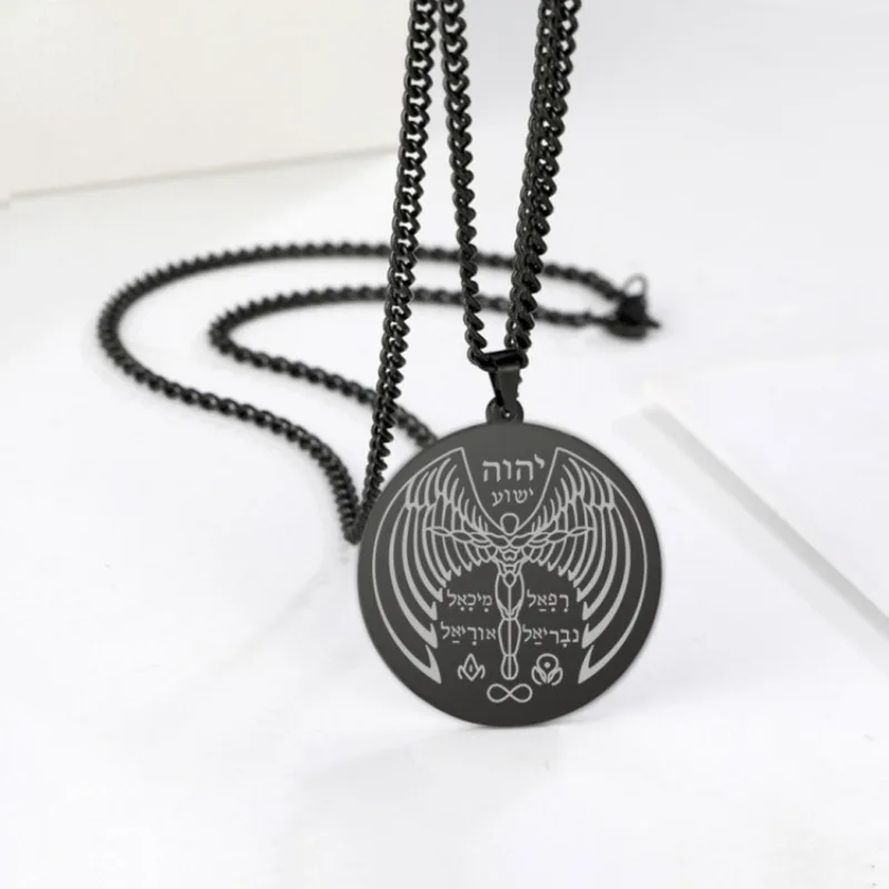 Vintage Human Wing Words Pattern Round Pendant Necklace for Men Boys Fashion Jewelry image 5