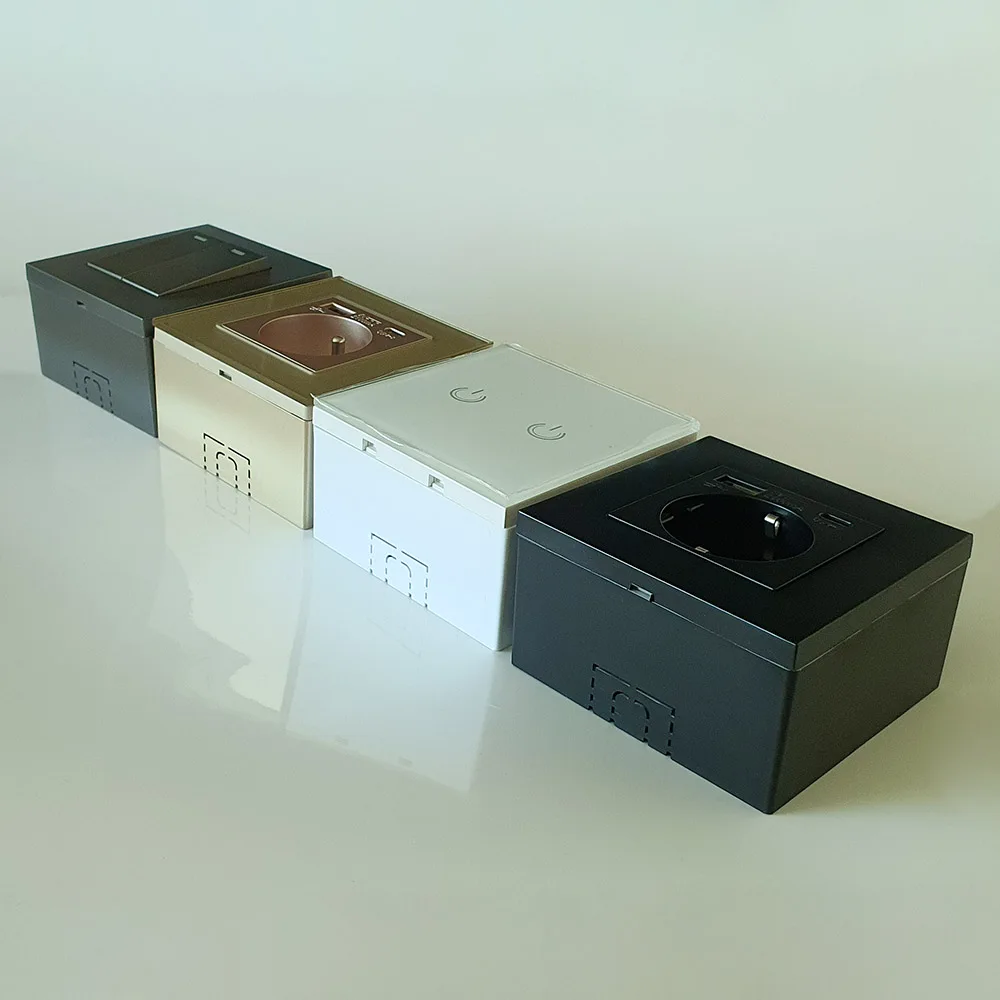 صندوق التبديل الرمادي 86 * 86 * 40 مم على الحائط صندوق مقبس الاتحاد الأوروبي قسط الخبز الرمادي صندوق التثبيت PVC مثبطات اللهب UL 94 V-0