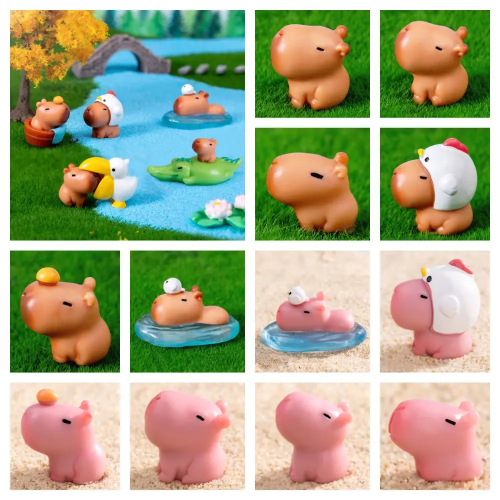 Resin Cartoon Capybara Statue Pink Accessories Miniature Capybara Figurines Fairy Garden Scene Model Mini Animals Figurine