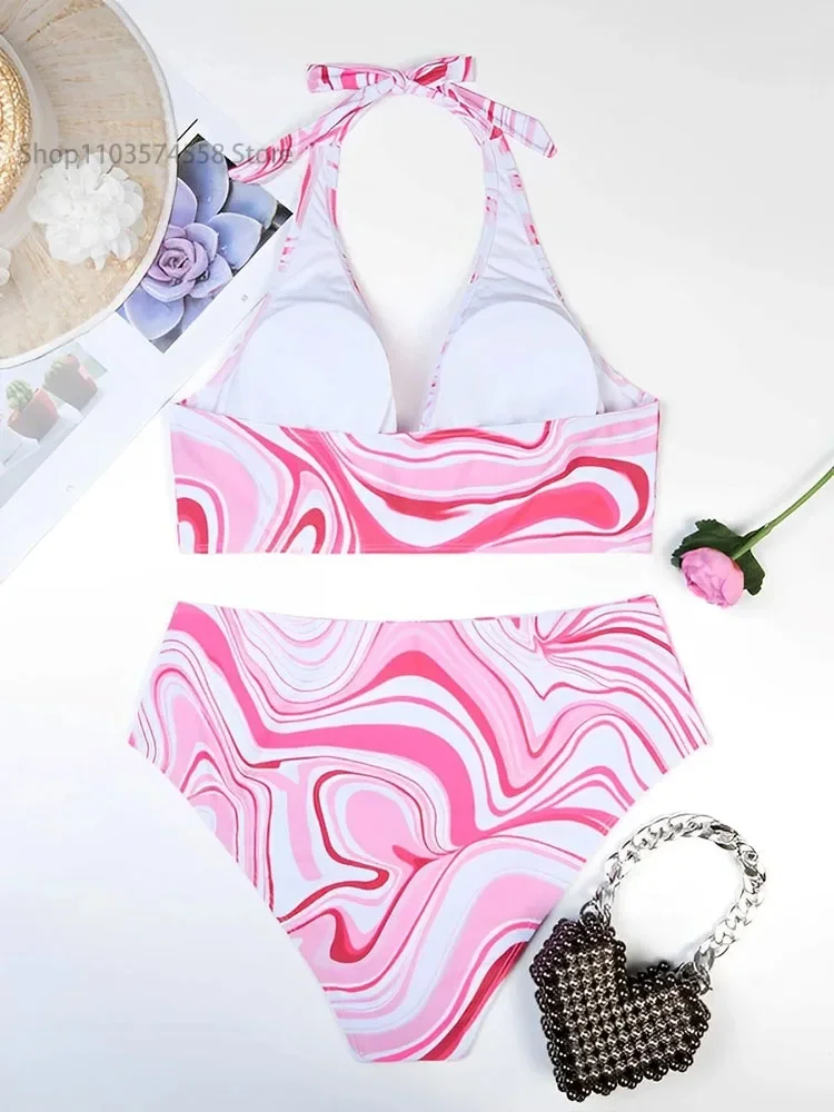 Damskie bikini oversize z nadrukiem, dwuczęściowy strój kąpielowy z wysokim stanem, damski strój kąpielowy, kostiumy kąpielowe, 2024
