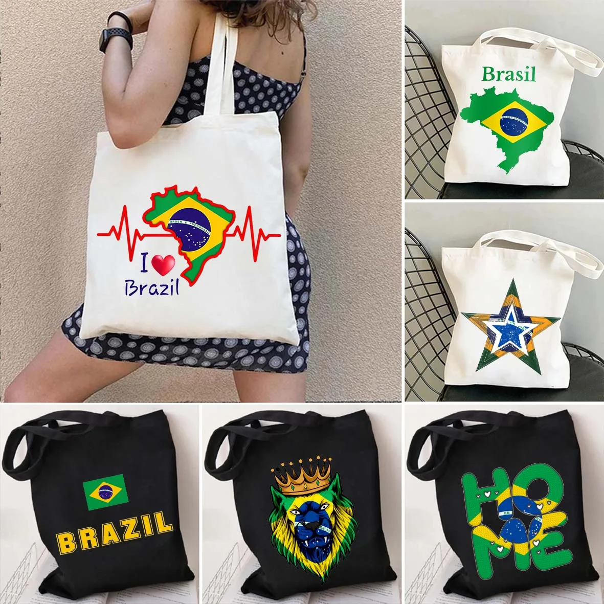 Brazil Map Brazilian Flag Heartbeat Love Heart Country Watercolor Cotton Shopping Canvas Tote Bags Eco Shopper Shoulder Handbags