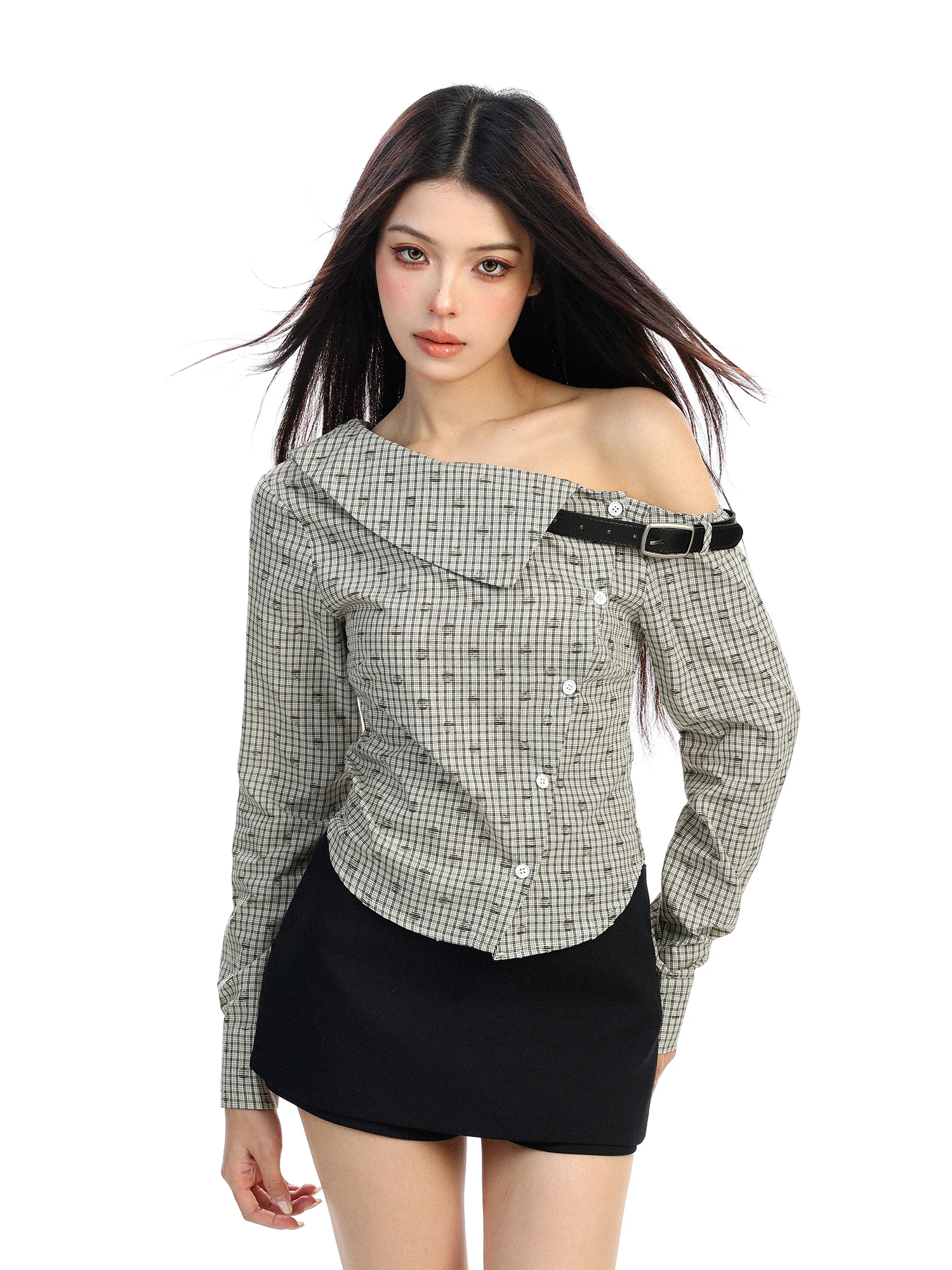 

Asymmetric Plaid Long Sve oulder irt Women's Spring Autumn Design Slim Fit ort Top Vintage Sle Casual Wear