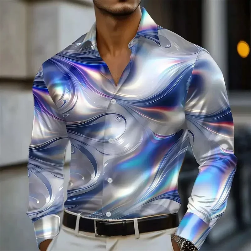 

Men's autumn and spring blue and gold marble printed long sleeved shirt top, fashionable, casual, comfortable, slim fit suitable